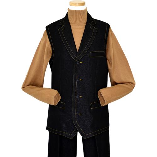 Il Canto Black Iridescent Vested  Denim Outfit With Shawl Lapels And Light Brown Hand-Pick Stitching 100% Cotton 9027